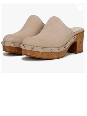 YDN Beige Rounded Toe Studded Clogs Mules Platform Slip On Block Mid Heel Sandal